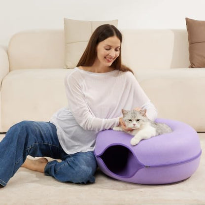 Cat Tunnel Bed for Indoor Cats with 3 Toys, Scratch Resistant Detachable and Washable Large Donut Cat Bed, Available in All Seasons (Purple, L(24x24x11))