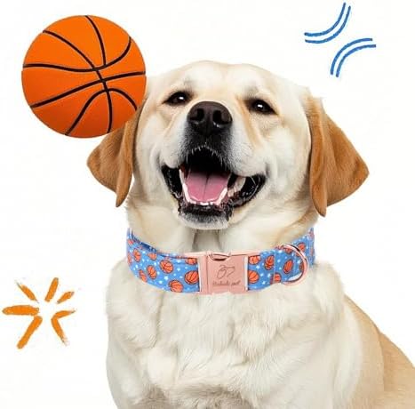 Adjustable Boy Dog Collar - Cute Blue Basketball Print Dog Collars for Small Dogs, Durable Pet Heavy Duty Metal Buckle Collar S