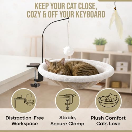 Cat Desk Bed for Home Office – Sunken Clamp-On Cat Hammock Holds 40 lbs | Fits Desks 0.8-2.4", 14" Washable Nest, Non-Slip Heavy-Duty Mount, Space-Saving Cat Perch for Remote Workers