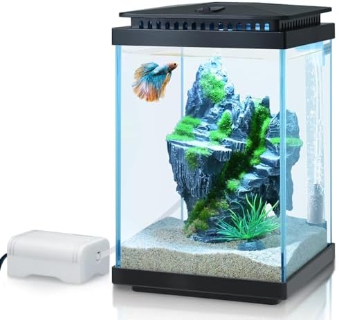 FEDOUR Small Glass Aquarium, 1 Gallon Desktop Fish Tank, Betta Fish Tank, Mini Aquarium Starter Kit with Air Pump LED Light Decoration Water Changer Fish Net (Black)