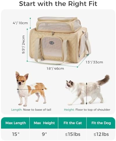 Pet Carrier Airline Approved 18x13x9.5 in, Soft-Sided Top-Expandable, Brown