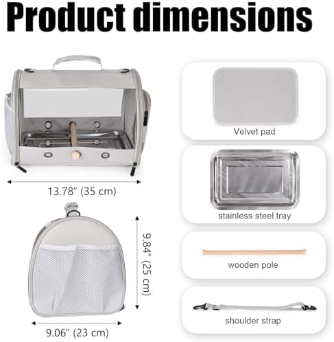 Bird Carrier, Portable Small Bird Parrot Parakeet Carrier with Standing Perch and Stainless Steel Tray, Side Access Window Collapsible (Grey, Cylinder Design - Clear)