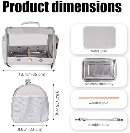 Bird Carrier, Portable Small Bird Parrot Parakeet Carrier with Standing Perch and Stainless Steel Tray, Side Access Window Collapsible (Grey, Cylinder Design - Clear)