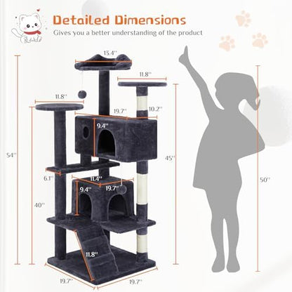 54 Inches Cat Tree Tower, Cat Tree Tower Condo with Scratching Post for Cats House Play, Multi-Level Furniture Activity Center for Pet, Detachable Cat Tower, Dark Gray