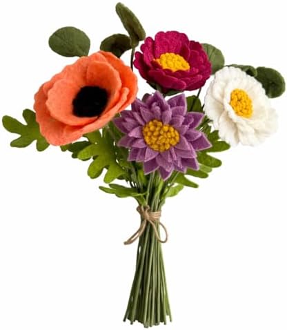 Glaciart One Wool Felt Flowers Set – Handcrafted Artificial Arrangement with Colorful Stems, Eco-Friendly Material, Essential Oil Ready, Reusable Decor, Washable Gift for Events or Home