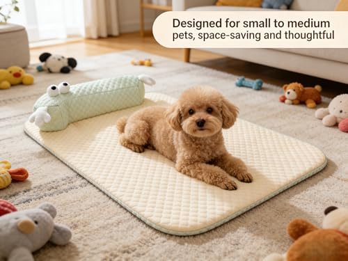 L-Shaped Pet Bed Mat with Pillow, Breathable Machine Washable Cushion for Cats, Kittens, Small Pets (Beige)
