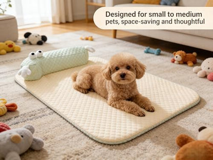 L-Shaped Pet Bed Mat with Pillow, Breathable Machine Washable Cushion for Cats, Kittens, Small Pets (Beige)