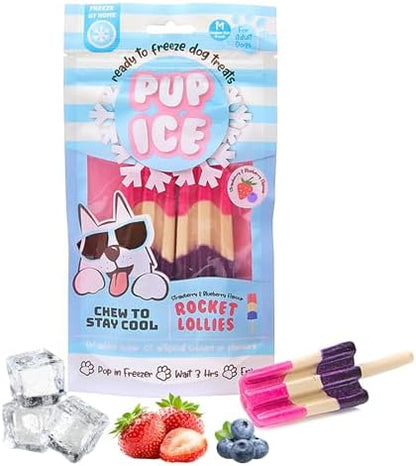 SPOT Pup Ice- Ready to Freeze at Home Dog Treats-Edible Chews for Medium Breed Dogs & Puppies with Real Chicken to Keep Your Pup Cool Year Round, Rocket Lollies Strawberry & Blueberry Flavor, 2pcs