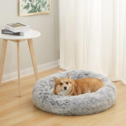 Bedfolks Calming Fluffy Donut Dog Bed for Medium Dogs,Dark Grey, 30" Round