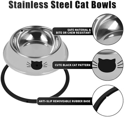 Serentive 2 Pcs Non-Slip Stainless Steel Small Cat Food Bowls - Unbreakable, Thicken 7 Oz Cat Dishes - Indoor, Removable Rubber Base, Easily Clean, Lovely Color