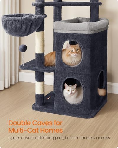 Feandrea Cat Tree Indoor, 60" Multiple-Level Plush Cat Tower, Dark Gray