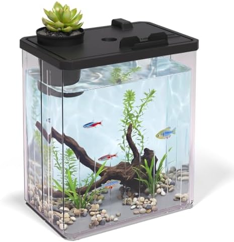 2 Gallon Betta Fish Tank Aquarium Starter Kit with Light and Lid(Black)