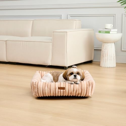Modern Threads Ribbed Plush Two-Tone Cuddler Dog Bed, Ultra-Soft Faux Rabbit Fur, Supportive Bolstered Sides, Removable Washable Cover, Bed for Small to Medium Dogs, Cream, (24" L x 20" W x 8" Th)