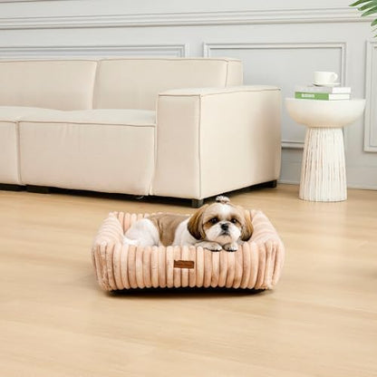 Modern Threads Ribbed Plush Two-Tone Cuddler Dog Bed, Ultra-Soft Faux Rabbit Fur, Supportive Bolstered Sides, Removable Washable Cover, Bed for Small to Medium Dogs, Cream, (24" L x 20" W x 8" Th)