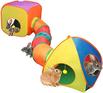 YUEPET Rabbit Tunnel & Cube Tent, Bunny Hideout, Guinea Pig Tunnel, Rainbow