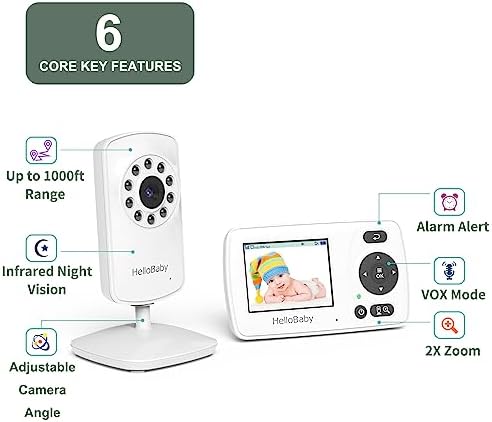 HelloBaby HB30 Video Baby Monitor with Digital Camera and Audio, No WiFi No App Safety Baby Monitor, 8 Languages, Auto Night Vision, 1000ft Transmission Range, 2.4 inch Portable Screen