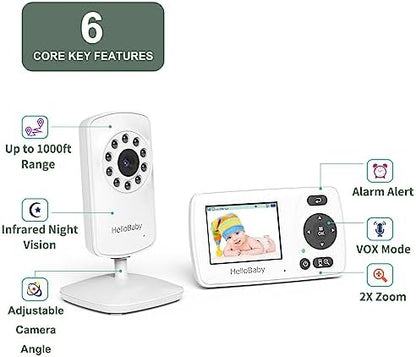 HelloBaby HB30 Video Baby Monitor with Digital Camera and Audio, No WiFi No App Safety Baby Monitor, 8 Languages, Auto Night Vision, 1000ft Transmission Range, 2.4 inch Portable Screen