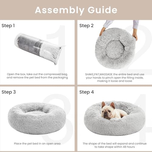 Love's cabin Calming Cat Bed for Indoor Cats, Anti-Anxiety Donut Round Dog Bed,Fluffy Faux Fur Washable Pet Bed for Small Medium Dogs and Cats, Grey, 24in