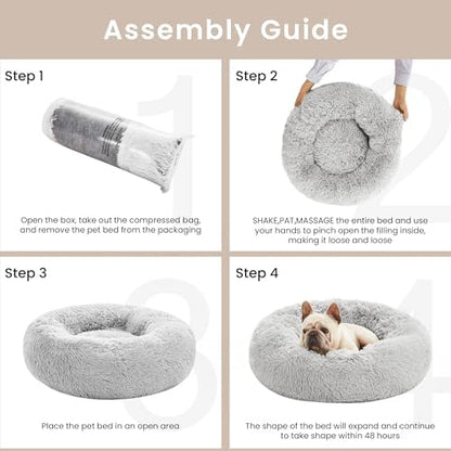 Love's cabin Calming Cat Bed for Indoor Cats, Anti-Anxiety Donut Round Dog Bed,Fluffy Faux Fur Washable Pet Bed for Small Medium Dogs and Cats, Grey, 24in