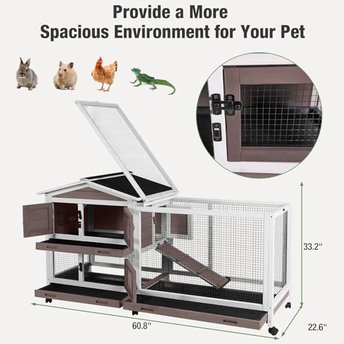 Indoor/Outdoor Rabbit Hutch with Pull-Out Tray, Weatherproof Bunny Cage & Attached Run - Also for Chickens (Brown, L)
