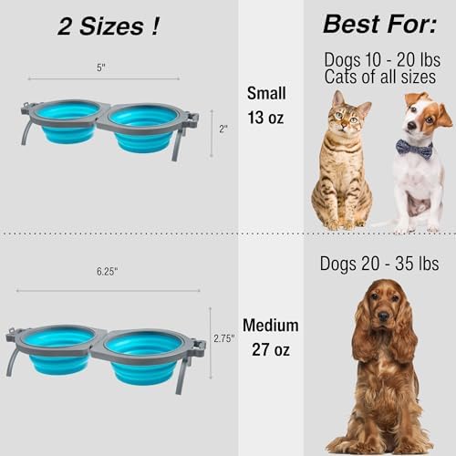 Loving Pets Bella Roma Double Diner Collapsible Dog Bowls - Silicone Dog Bowls, Foldable Bowl, Puppy Essentials & Hiking Pet Supplies Great for Home & Travel (Blue, Small)