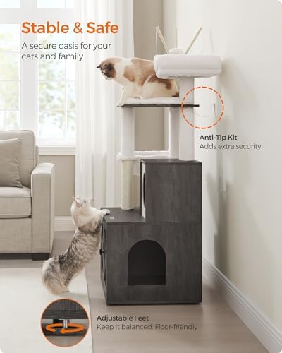 Feandrea Cat Tree with Litter Box Enclosure, 59-Inch, 2-in-1 Condo