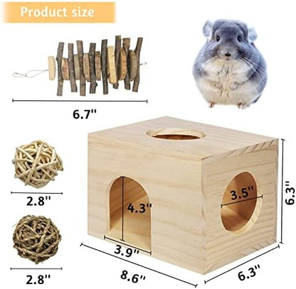 Fhiny Guinea Pigs Wood House Chinchilla Hut Hideout Natural Wood Multiple Doors Small Animal Chewing Molar Activity Toys Hamsters Habitat Cage for Hedgehog Squirrel Sugar Gliders