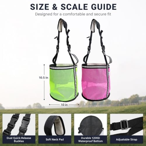 Horse Feed Bag,Heavy Duty Muzzle Feed Bag with Adjustable Strap,Comfort Neck Pad,Nose Pad and Double Waterproof Bottom Mesh Feed Bags for Horse Pack of 2 (Green & Pink(Reflective))