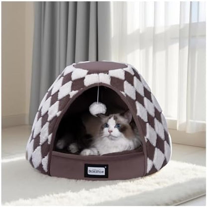 BALANCE Cat Beds for Indoor Cats, 2-in-1 Cat Bed Cave with Anti-Slip Bottom and Ultra-Soft Plush, Cozy Cats House Tent for Kittens and Small Dogs, 21 Inches, Dark Brown