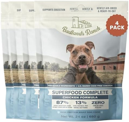 BADLANDS RANCH Air-Dried Chicken Dog Food, 87% Real Meat, 24 oz, 4-Pack