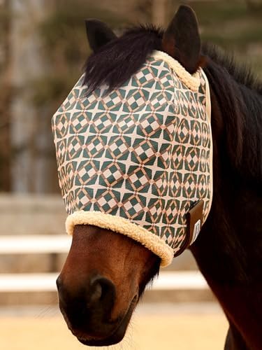 Tackmore Horse Fly Mask Without Ears, Breathable Structured Mesh for Horses, Soft Fleece Edging, UV Protection, Printed Turnout Mask for Pasture-Dark Green Print S
