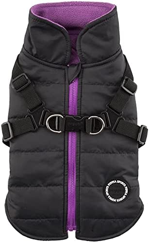 Puppia Mountaineer Winter Dog Coat with integrated harness No Pull Cold Weather Waterproof Warm Fleece Back Zipper for Small & Medium Dog, BLACK, Medium