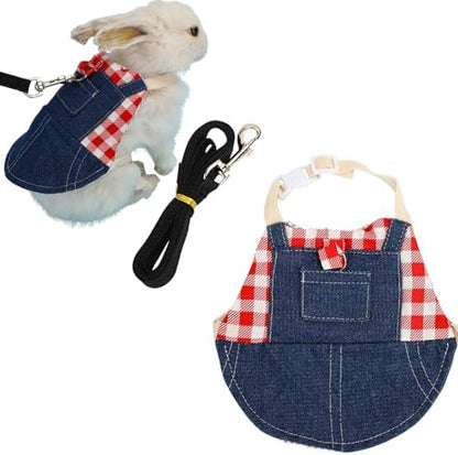 Rabbit Harness Leash Set Escape Proof Clothes for Small Pets (Red Plaid,S)