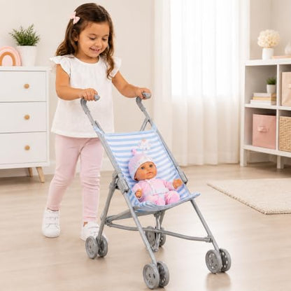 JC Toys Boutique | Folding Umbrella Doll Stroller for Children 2 Years Plus, Blue Stripes and Soft Embroidery | Sturdy Metal Frame | Pretend Play with Dolls up to 18” Long | Seat Belt