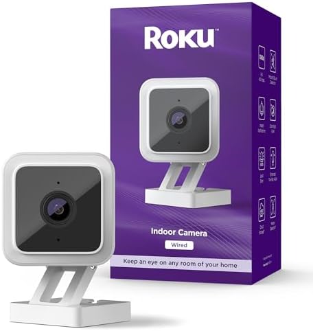 Roku Indoor Camera for Home Security, 1-Pack - Wired Security Camera with 1080p HD Color Night Vision, Works with Alexa & Google, Motion & Sound Detection, Built-in Siren, 90-Day Subscription Included