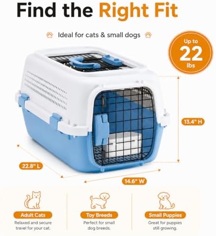 23" Airline Approved Cat Carrier Hard Shell, Dual-Entry Pet Carrier with Top & Front Doors, Detachable Food Bowl & Secure Lock, Breathable Dog Carrier for Cats & Small Dogs Up to 22 lbs - Blue