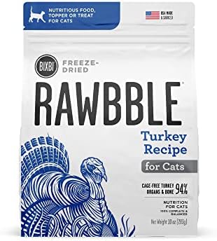 BIXBI Rawbble Freeze Dried Cat Food, Turkey Recipe, 10 oz - 94% Meat and Organs, No Fillers - Pantry-Friendly Raw Cat Food for Meal, Treat or Food Topper - USA Made in Small Batches