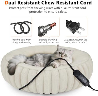 INVENHO Heated Cat Beds for Indoor Cats and Small Dogs, 20" Cozy Donut Heated Pet Bed with Timer & Temp Adjustable, Removable Waterproof Electric Warming Bed for Indoor Cat