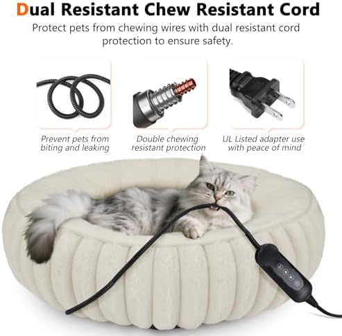 INVENHO Heated Cat Beds for Indoor Cats and Small Dogs, 24" Cozy Donut Heated Pet Bed with Timer & Temp Adjustable, Removable Waterproof Electric Warming Bed for Indoor Cat