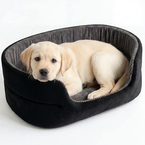 Small Dog Bed Cat Bed 16x20 Inch, Calming Pet Bed for Dogs & Cats, Machine Washable Dog Bed, Half-Enclosed Open-Top Velvet Anti-Anxiety Bed, Cozy Snuggle Bed (Black)