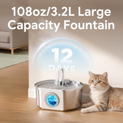 Cat Water Fountain Stainless Steel: 108oz/3.2L Cat Fountain for Drinking