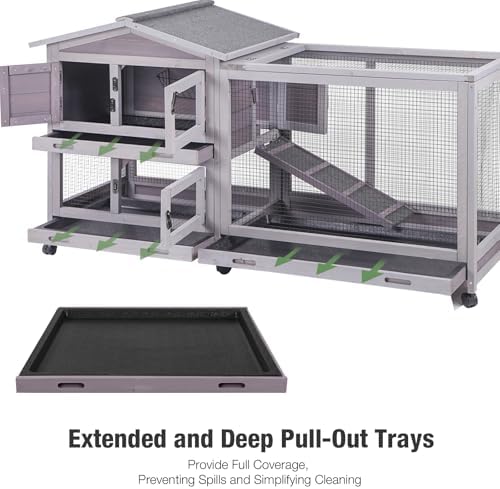 Indoor/Outdoor Rabbit Hutch with Pull-Out Tray, Weatherproof Bunny Cage & Attached Run - Also for Chickens (Grey, L)