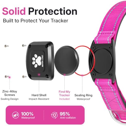 GPS Dog Collar with Tracker, Waterproof, No Monthly Fee, Hot Pink, L