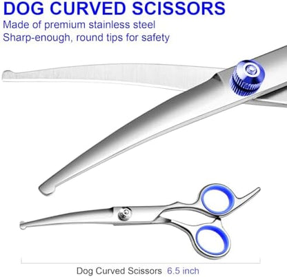 Dog Grooming Scissors Kit, Premium Stainless Steel Dog Shears with Curved Shears, Sharp Durable for Dogs Cats+Blue 3 Piece