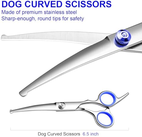 Dog Grooming Scissors Kit, Premium Stainless Steel Dog Shears with Curved Shears, Sharp Durable for Dogs Cats+Blue 4 Piece
