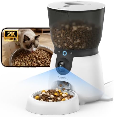 ZUMIMALL Automatic Pet Feeder, 2K Rotatable Camera, Full Bowl View White