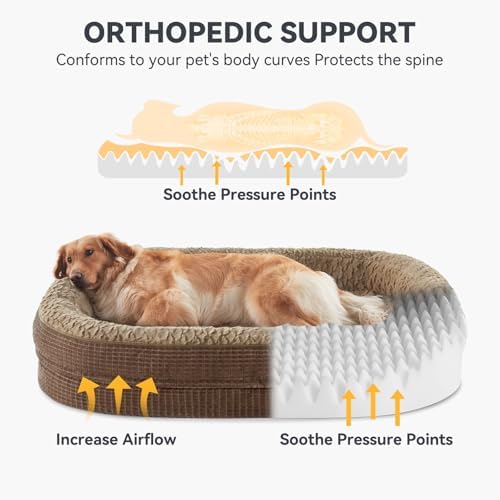 JOEJOY Orthopedic Dog Bed for Large Dogs, Egg-Crate Memory Foam Pet Bed with Bolster Sides, Waterproof Lining, Removable Washable Cover & Non-Slip Bottom, Brown