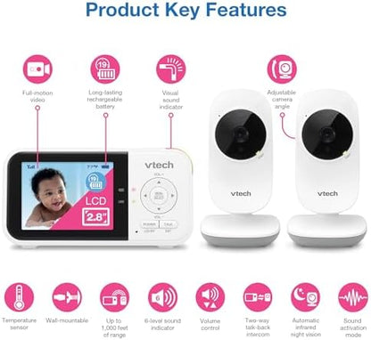 VTech Baby Monitor No WiFi with 2 Cameras – 19-Hour Battery, Patrol Mode for Twins & Two Rooms, 1000ft Range, Auto Night Vision, Two-Way Talk, Temperature Sensor | VM819-2