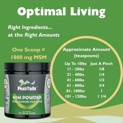KALA HEALTH PeakTails Pure MSM Powder for Dogs, US-Sourced MSM, 1 lb
