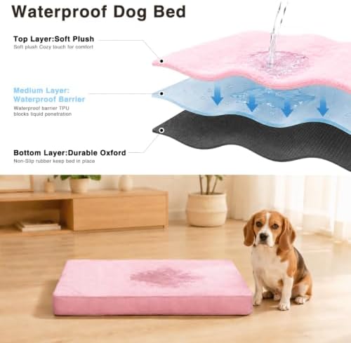 NUPIDA Waterproof Large Dog Bed for Crate with Washable Cover, 35x22, Pink